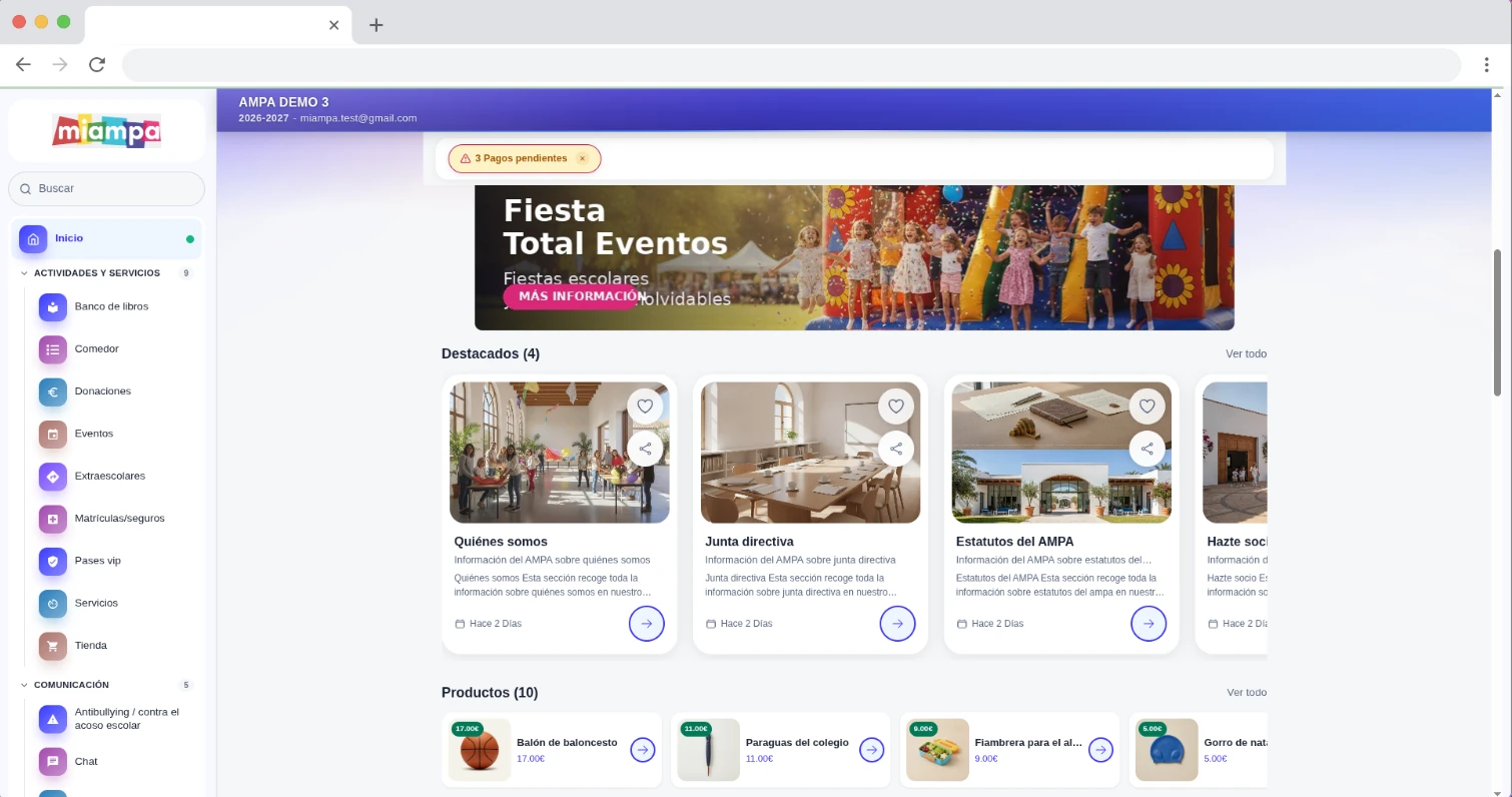 MiAMPA web dashboard showing the association events, products and services