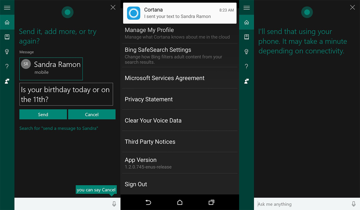 Com Cortana envio de SMS a partir do Windows 10 PC combinado com smartphones Android e possivel 1